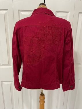 Chico's Embroidered Stretch Denim Crimson Button-Front Jean Jacket Size 2